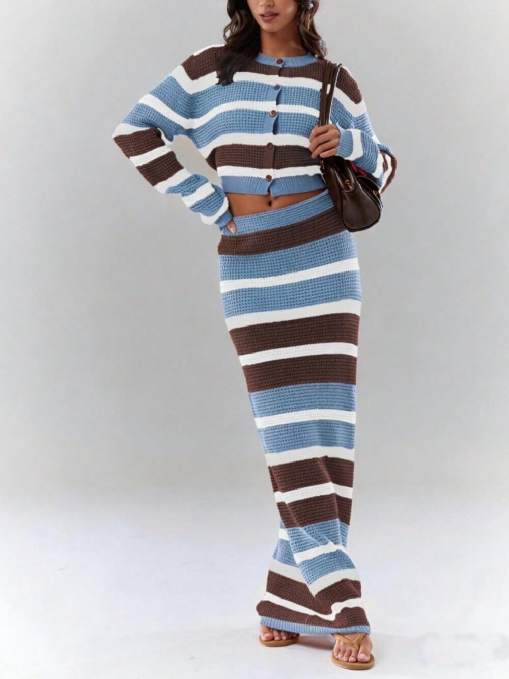 Casual Striped Drop-Shoulder Women's Knit Cardigan & A-Line Skirt Set